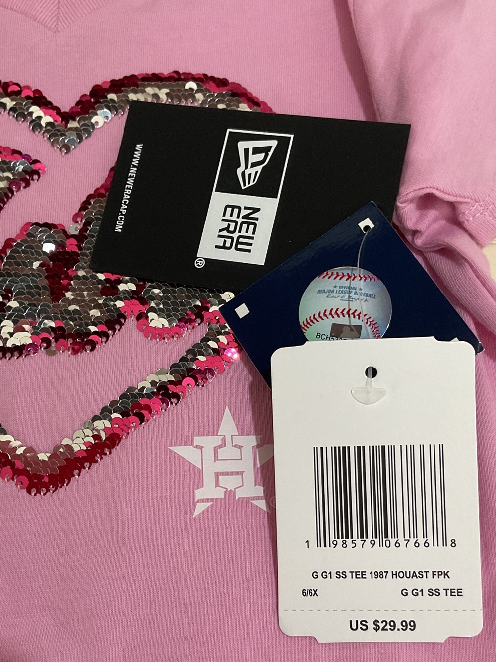 New Era Kids' Houston Astros Pink Sequin Heart V-Neck Tee - Picture 5 of 5